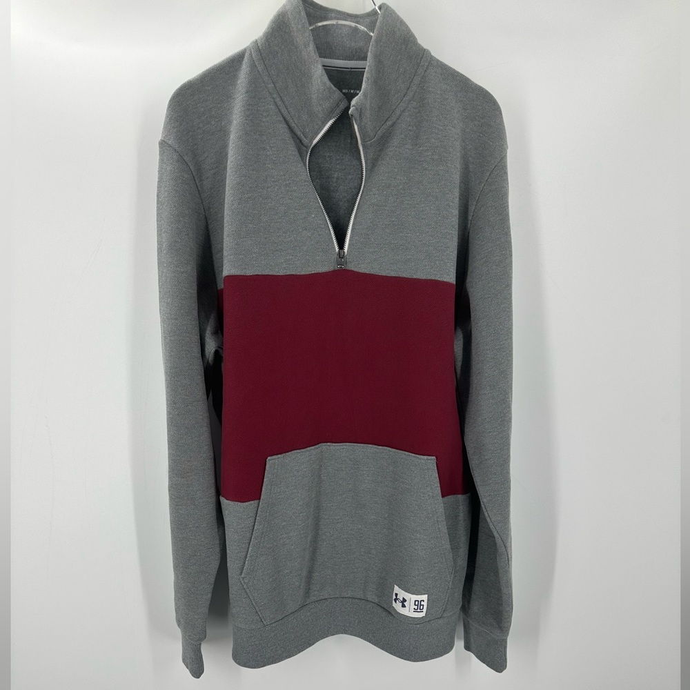 Under Armour Loose Fit Knit Sweater Gray Red Stripe Mens Medium Zip | E1501